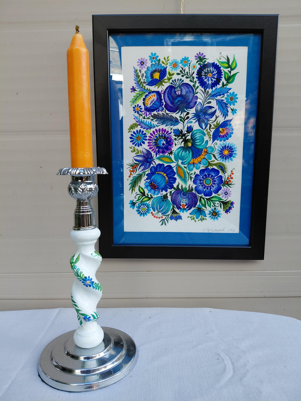 Candlestick and picture. Original painting.